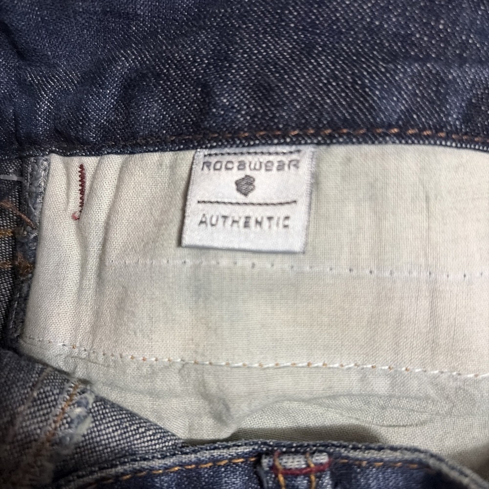 Rocawear Denim Mini Skirt Dark Wash Embroidered Logo Y2K Size 1/2 - Picture 3 of 8